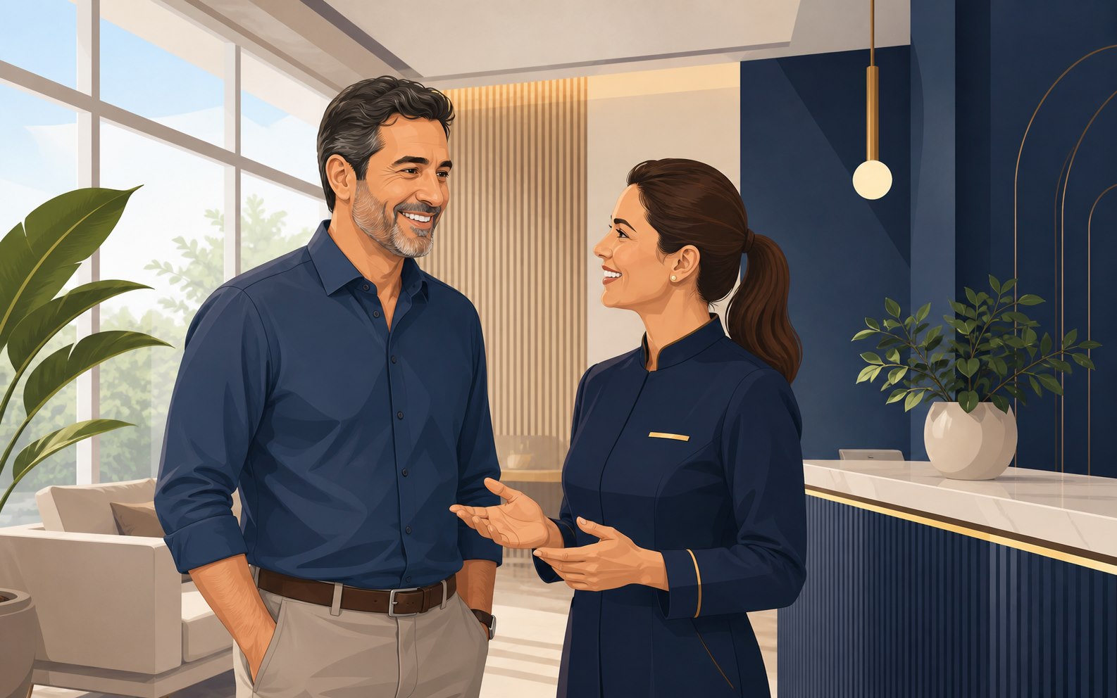Ilustração de paciente satisfeito conversando com uma profissional na recepção da clínica